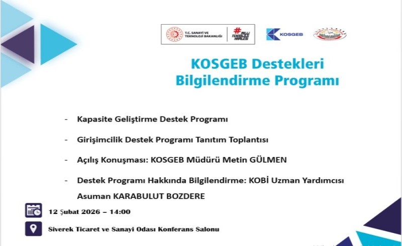 12/02/2026 Tarihinde Odamız Konferans Salonunde Tüm KOBİlere 1.000.000.20.000.000 arası Destek programına Tüm üyelerimiz davetlidir